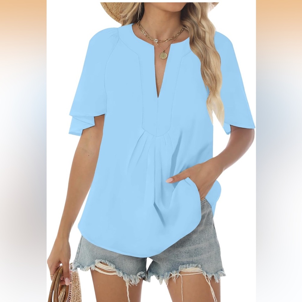 Sky Blue Women's V-Neck Top oversize flutter sleeves size Medium